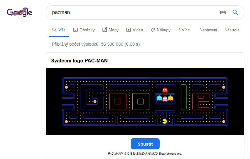 Pacman v prohlížeči Google