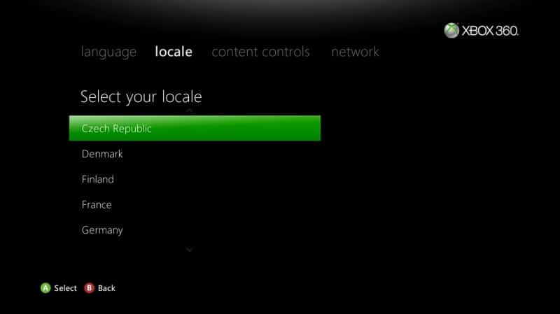 xbox 360 nastavení země